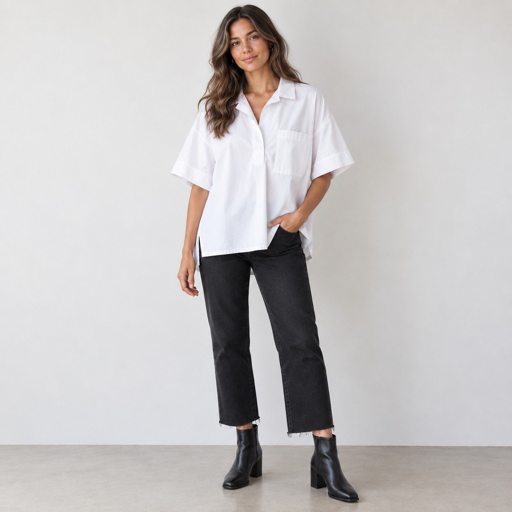 Everlane White Cotton Popover Polo Henley Oversized Boxy Shirt | Size 12